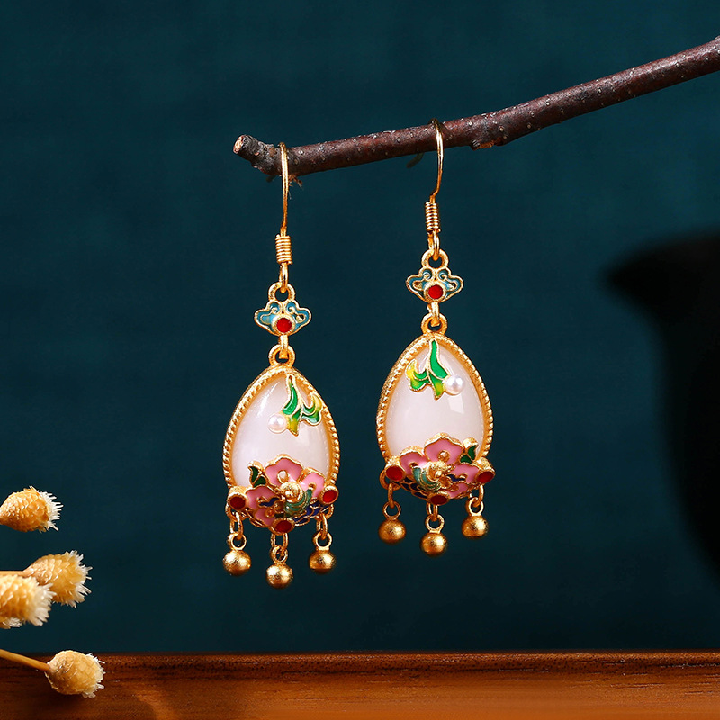 Earrings - Natural Jade Flower Earrings Charm Amulet