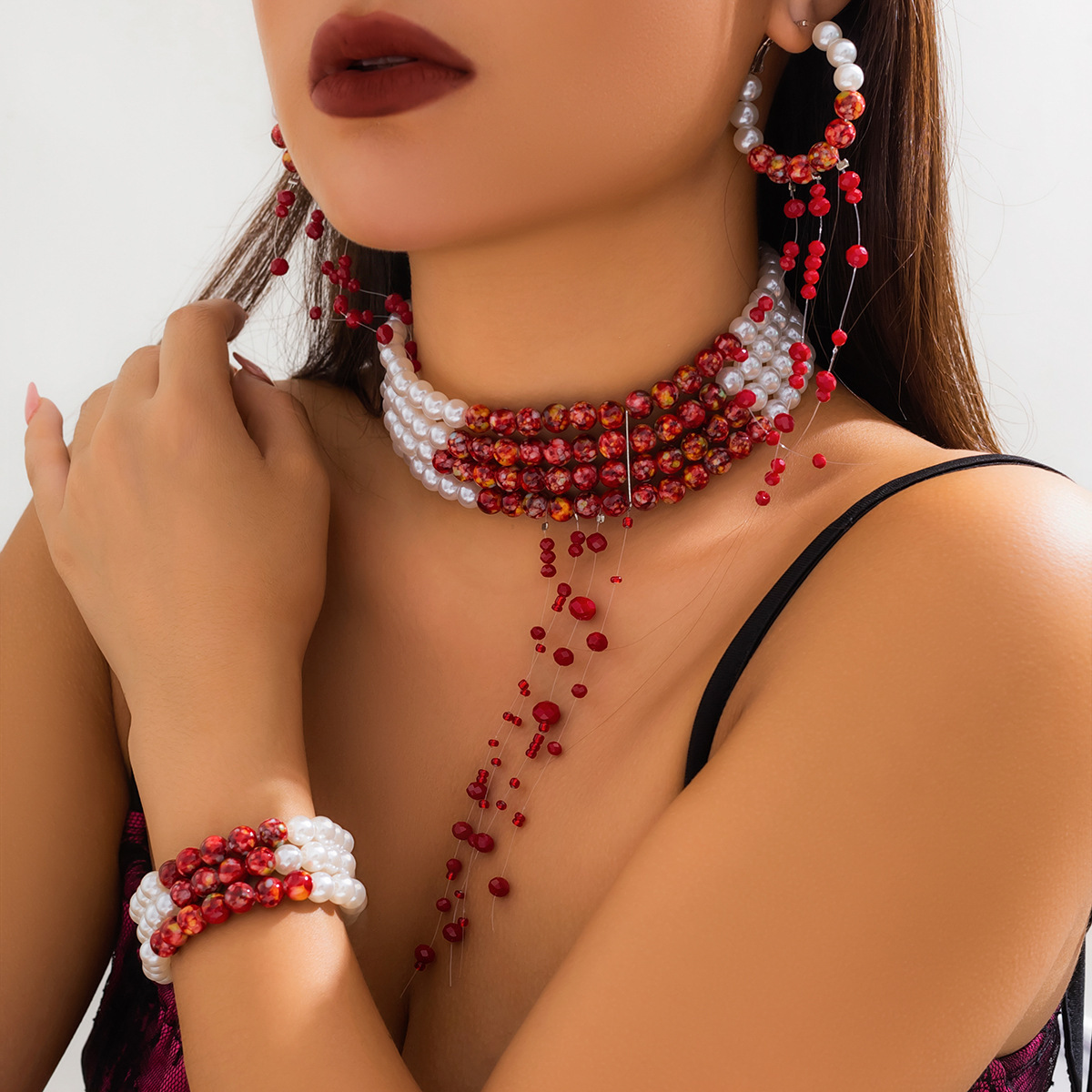 Multilayer Vintage Red Blood P - огляд і ціна Pearl Choker Necklace Vintage